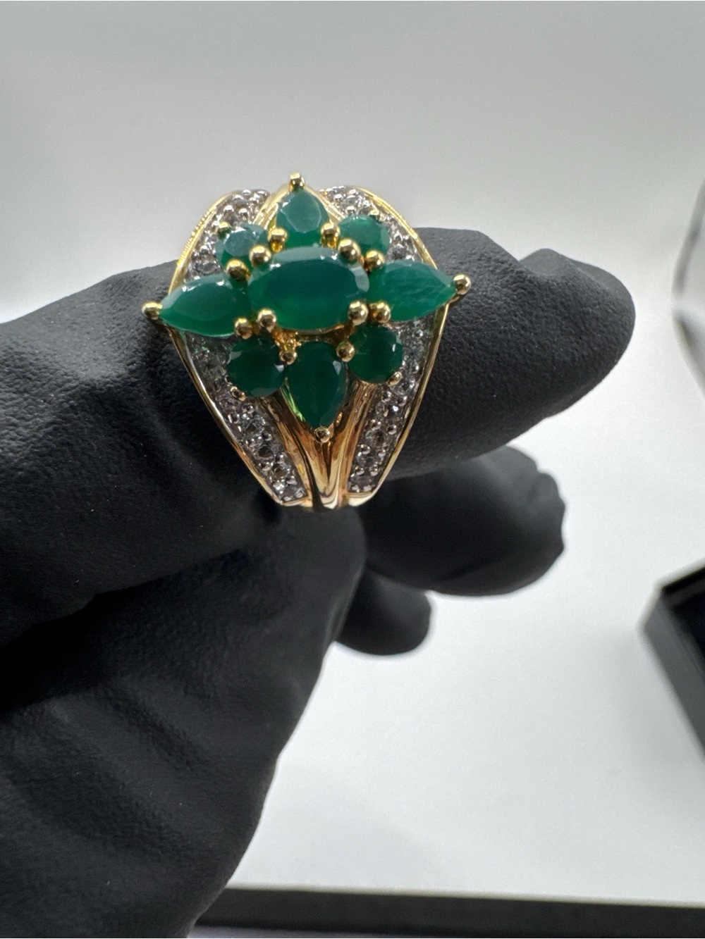 Gold Ring with Green Stone Cluster and Clear Accents